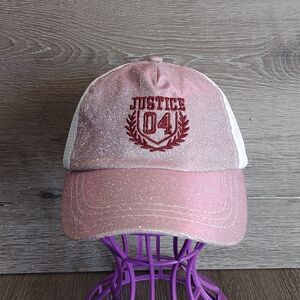 Justice Pink Shimmering Sparkly Iridescent Pony Tail Ball Cap Hat OSFM